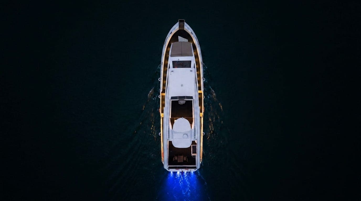 Under way at night, from above